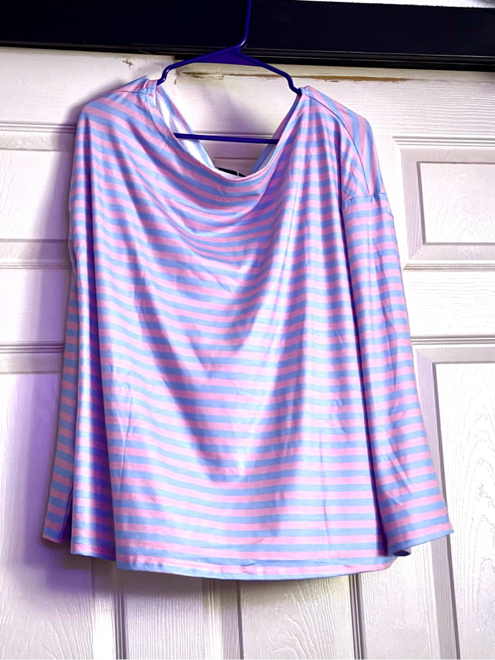 Flowyair Off the Shoulder Striped Pastel Pink and Light Blue Long SleeveTop